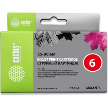 Струйный картридж CACTUS CS-BCI6M (BCI-6M) для Canon S800, S820, S900, S9000, i550, i560, i860, i865, i905d, i950s, i960x, i965, i990, i9100, i9950, JX500, MP750, MP760, iP600d, iP3000, iP600d, iP8500, BJC8200, пурпурный, 12 мл