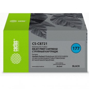 Струйный картридж CACTUS CS-C8721 (HP 177) для HP PhotoSmart 3100, 3210, 3213, 3310, 3313, C5183, C6100, C6183, C6200, C6283, C7183, C7200, C7280, C7283, C8183, D7100, D7160, D7163, D7300, D7363, D7463, черный, 26 мл