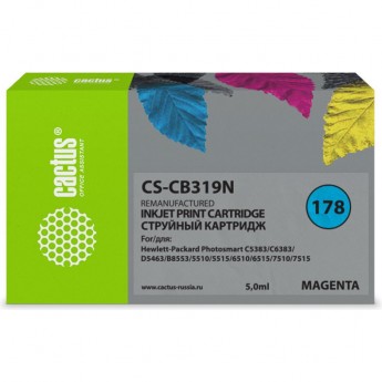 Струйный картридж CACTUS CS-CB319N (HP 178) для HP DeskJet 3070A B611, 3522; PhotoSmart 5510 B111, 5520, 7520, B010, B110, B209, B210, B8553, C309, C310, C410, C5300, C5380, C5383, C6383, D5460, D5463, пурпурный, 5 мл