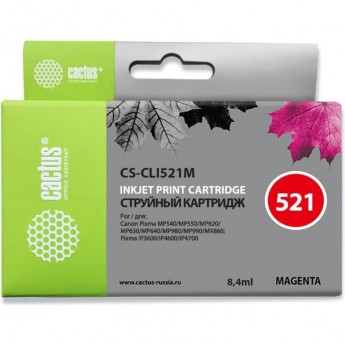 Струйный картридж CACTUS CS-CLI521M (CLI-521M) для Canon Pixma iP3600, iP4600, iP4600x, iP4700, MP310, MP310x, MP540, MP540X, MP550, MP560, MP620, MP620b, MP630, MP640, MP660, MP980, MP990, MX860, MX870, пурпурный, 8,4 мл