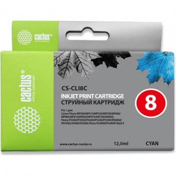 Струйный картридж CACTUS CS-CLI8C (CLI-8C) для Canon Pixma MP500, MP510, MP520, MP530, MP600, MP800, MP810, MP830, MP970, MX700, 850, iP3300, iP3500, iP4200, iP5200, iP5300, iP6600D, iP6700D, iX4000, iX5000, Pro 9000, голубой, 12 мл