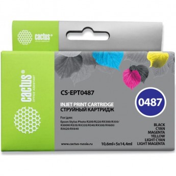 Струйный картридж CACTUS CS-EPT0487 (T0487) для Epson PM A870, D770; Stylus Photo R200, R210, R220, R300, R300M, R310, R320, R330, R340, R350, RX300, RX320, RX500, RX510, RX600, RX620, RX630, RX640, набор, 10,6 мл + 5 x 14,4 мл