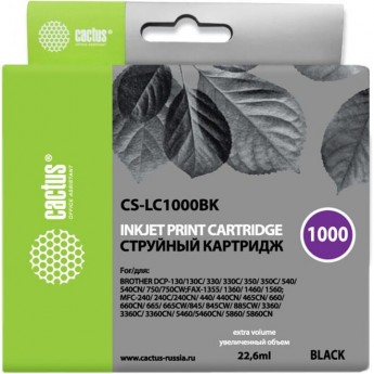 Струйный картридж CACTUS CS-LC1000BK (LC1000BK) для принтеров Brother DCP-130c, 330c, 350c, 357c, 540cn, 560cn, 750cw, 770cw, MFC-240c, 440cn, 465cn, 660cn, 680cn, 845cw, 885cw, 3360c, 5460cn, черный, 22,6 мл