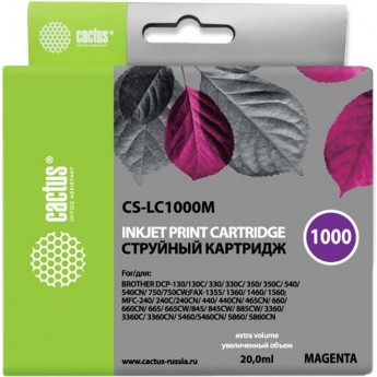 Струйный картридж CACTUS CS-LC1000M (LC1000M) для принтеров Brother DCP-130c, 330c, 350c, 357c, 540cn, 560cn, 750cw, 770cw, MFC-240c, 440cn, 465cn, 660cn, 680cn, 845cw, 885cw, 3360c, 5460cn, пурпурный, 20 мл