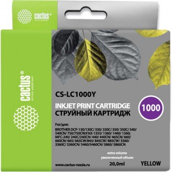 Струйный картридж CACTUS CS-LC1000Y (LC1000Y) для принтеров Brother DCP-130c, 330c, 350c, 357c, 540cn, 560cn, 750cw, 770cw, MFC-240c, 440cn, 465cn, 660cn, 680cn, 845cw, 885cw, 3360c, 5460cn, желтый, 20 мл