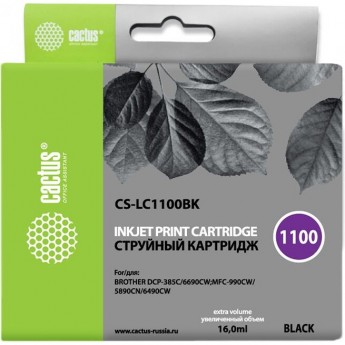 Струйный картридж CACTUS CS-LC1100BK (LC1100BK) для принтеров Brother DCP-185c, 383c, 385c, 387c, 395cn, 585cw, J715w, 6690cw, MFC-490cw, J615w, 790cw, 795cw, 990cw, 5490cn, 5890cn, 5895cw, 6490cw, черный, 16 мл