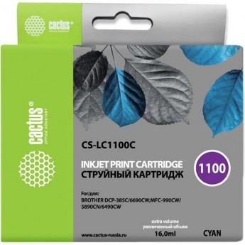 Струйный картридж CACTUS CS-LC1100C (LC1100C) для принтеров Brother DCP-185c, 383c, 385c, 387c, 395cn, 585cw, J715w, 6690cw, MFC-490cw, J615w, 790cw, 795cw, 990cw, 5490cn, 5890cn, 5895cw, 6490cw, голубой, 16 мл