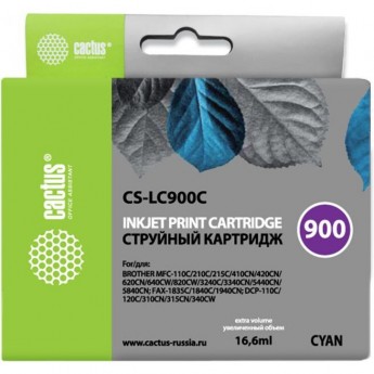 Струйный картридж CACTUS CS-LC900C (LC900C) для принтеров Brother DCP-110c, 115c, 117c, 120c, 310cn, 315cn, 340cw, MFC-210c, 215c, 3240c, 3340cn, 410cn, 425cn, 5440cn, 5840cn, 620cn, 640cw, голубой, 16,6 мл