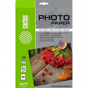 Фотобумага CACTUS CS-MA517050, формат A5, 170г/м2, белая