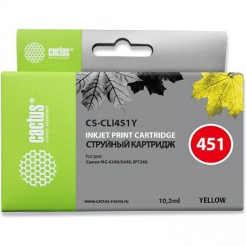 Струйный картридж CACTUS CS-CLI451Y (CLI-451Y) для Canon Pixma iP6840, iP7240, iP8740, iX6840, MG5440, MG5540, MG5640, MG6340, MG6440, MG6640, MG7140, MG7540, MX724, MX924, желтый, 10,2 мл