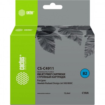 Струйный картридж CACTUS CS-C4911 (HP 82) для HP DesignJet 500, 500 Plus, 500ps, 500ps Plus, 510, 510ps, 800, 800ps, 815 MFP, 820 MFP, Copier CC800, Copier CC800ps, голубой, 72 мл