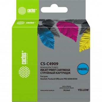 Струйный картридж CACTUS CS-C4909 (HP 940XL) для HP OfficeJet 8000 Pro, 8500, 8500a, 8500a Plus, увеличенной емкости, желтый, 30 мл