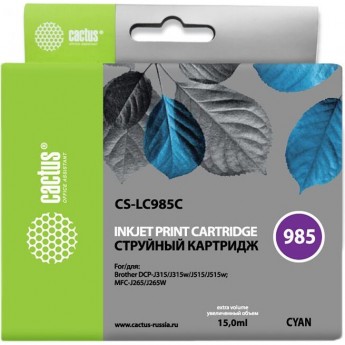Струйный картридж CACTUS CS-LC985C (LC985C) для принтеров Brother DCP J125, DCP J140w, DCP J315, DCP J315w, DCP J515, DCP J515w, MFC J220, MFC J265, MFC J265w, MFC J410, MFC J415w, голубой, 15 мл