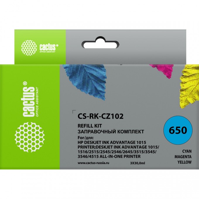 Заправочный набор CACTUS для HP DeskJet 2515,DeskJet 3515; Ink Advantage 1015, 4515 eAiO, многоцветный, 3*30ml CS-RK-CZ102